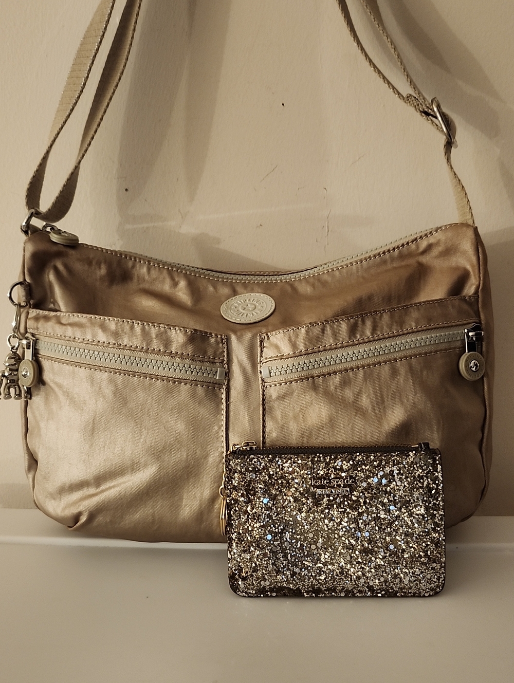 Kipling Metallic Izellah Crossbody Bag w/Free kate spade Glitter Card/Wallet